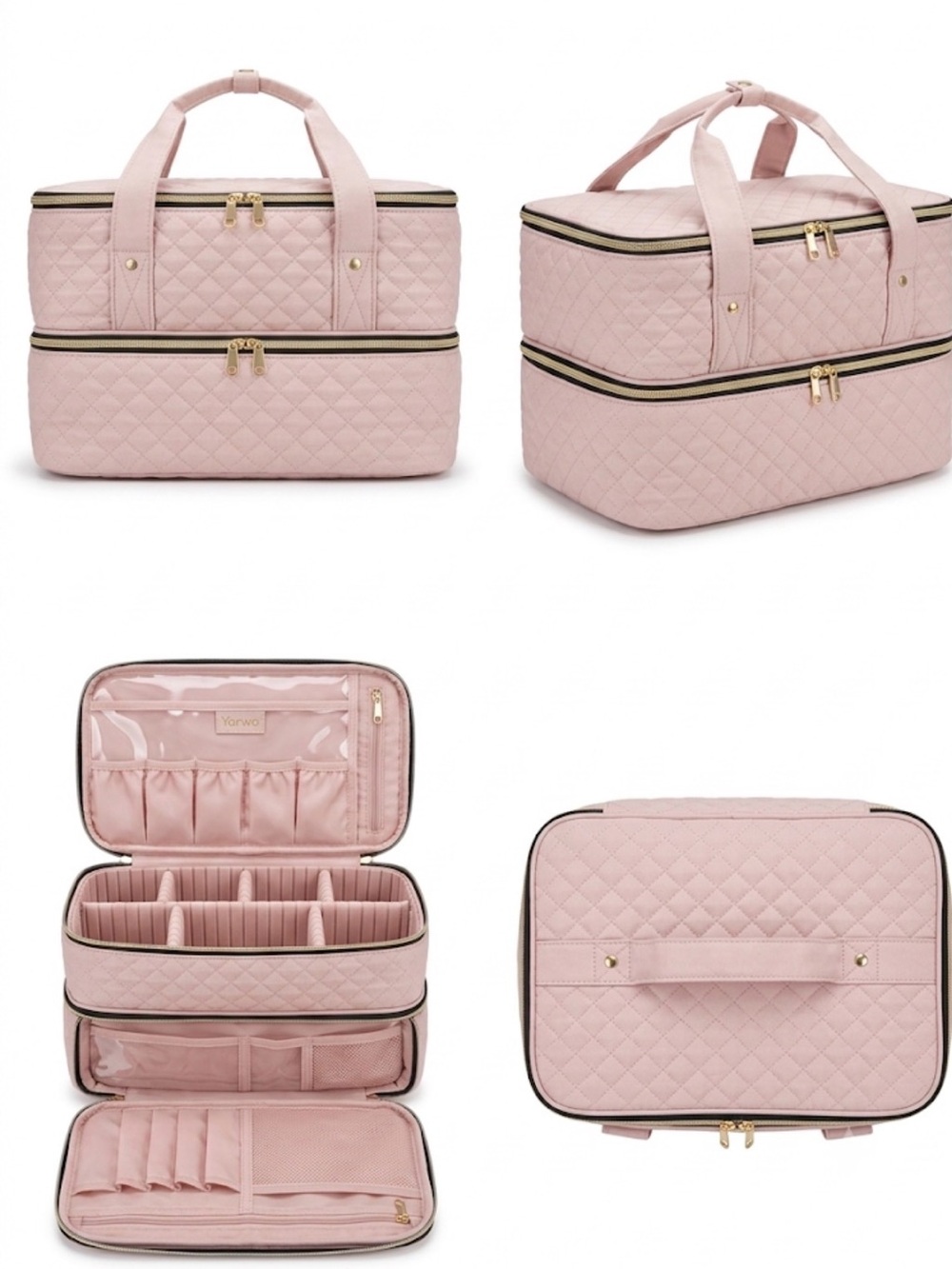 Yarwo quilted travel makeup train case cosmetic organizer pink removable divider